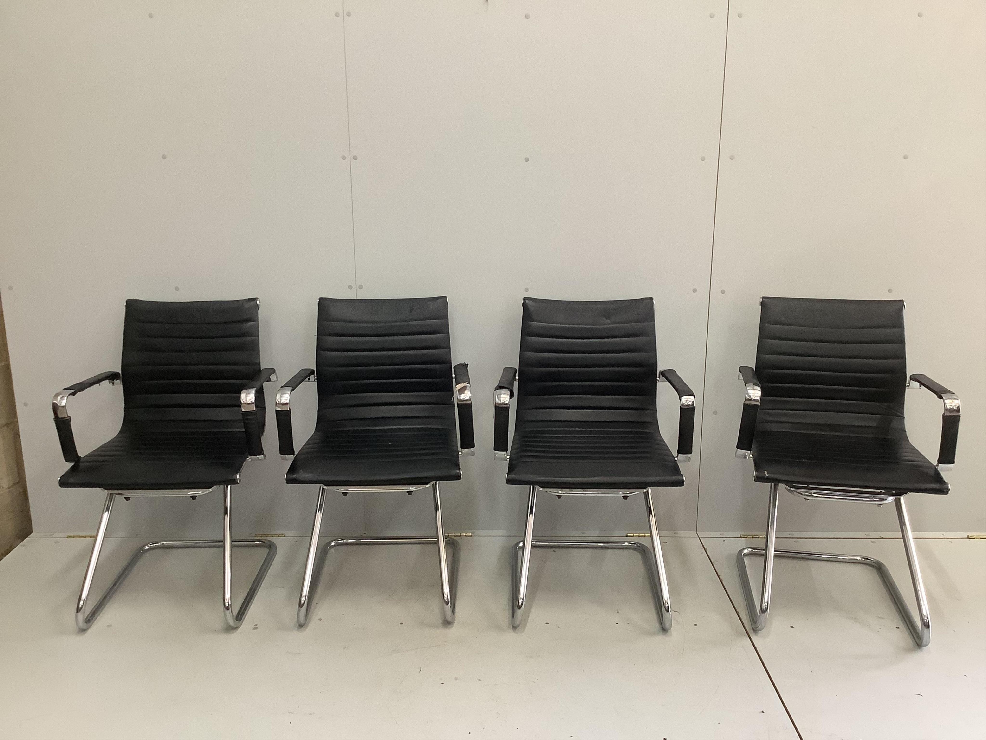 Seven chrome and black leather elbow chairs, width 57cm, depth 57cm, height 89cm. Condition - poor to fair